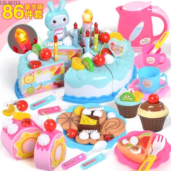 

86pcs Creative Pretend Play Baby Lovely Fashion Birthday Fruits Cake Lighting DIY Kids Assembly Kitchen Toys Set Cake Cut Doll