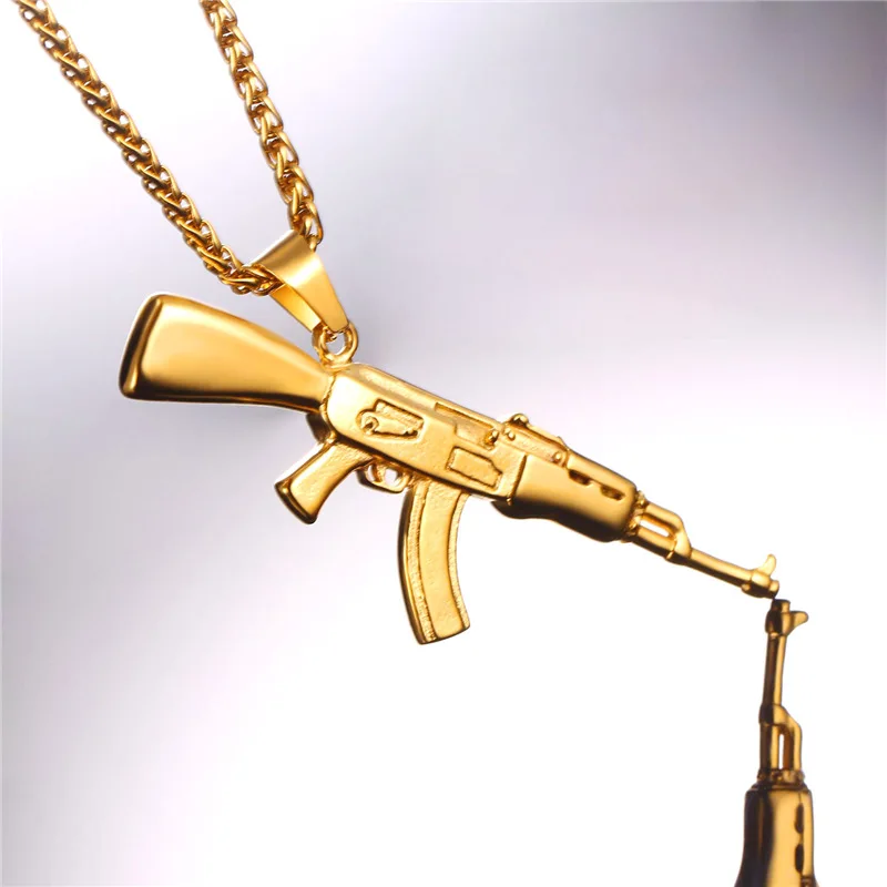 U7 хип-хоп ювелирные изделия AK47 Штурмовая винтовка узор ожерелье золотой цвет нержавеющая сталь крутая Мода кулон и цепь для мужчин P1046