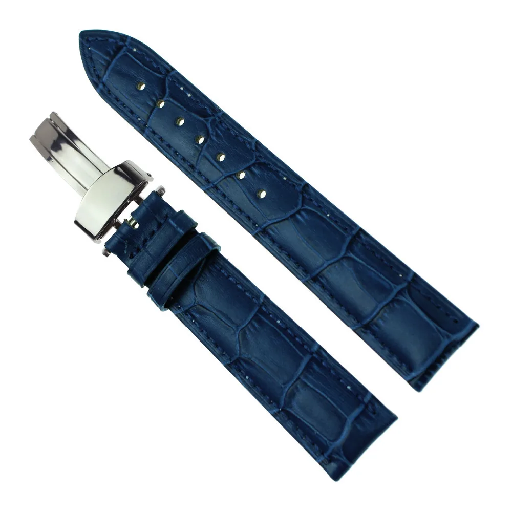 

Blue Wristwatch WatchBand Silver Push Buckle Bamboo Pattern Leather Strap 14mm 16mm 18mm 20mm 22mm 24mm