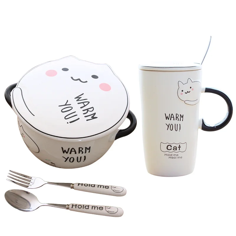 

2018 Janpan Kawaii Cartoon Animals Coffee Mugs with spoon Cat Ceramic Cups Bowls with fork Tea Cup Dinnerware Set Office Gift