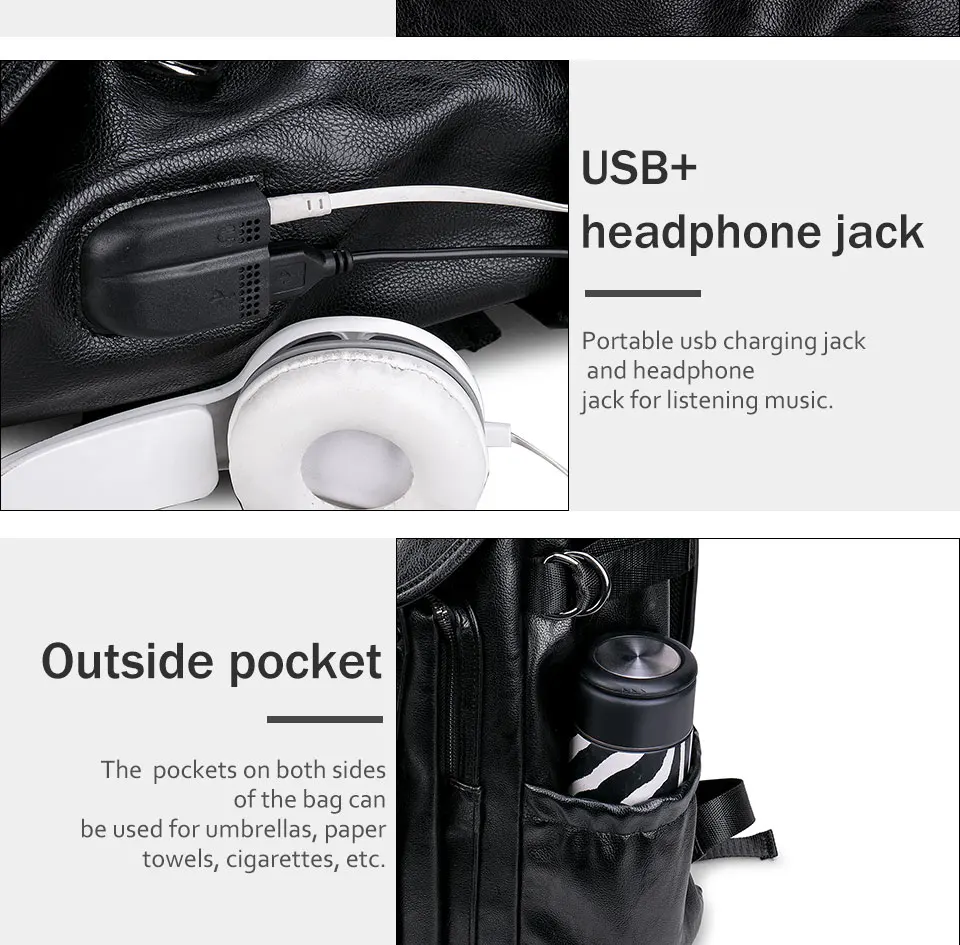 Модный мужской рюкзак из искусственной кожи с USB наушники с зарядным устройством отверстие черный мужской кожаный рюкзак большой емкости струнный мужской рюкзак
