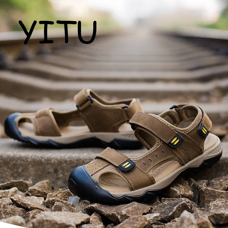 Yitu Для мужчин; летние пляжные сандалии Пеший Туризм дышащий воды брендовые босоножки из натуральной кожи открытый человек спортивная обувь плюс Размеры