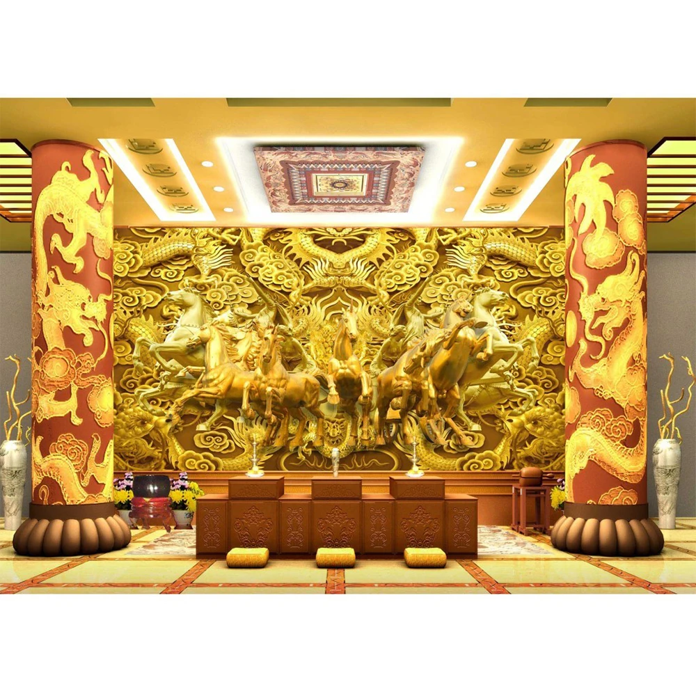 

Custom Photo Wallpaper 3D Stereo Wallpaper Mural Painting For Living Room Golden Dragon Horse Carving TV Background 3D Mural