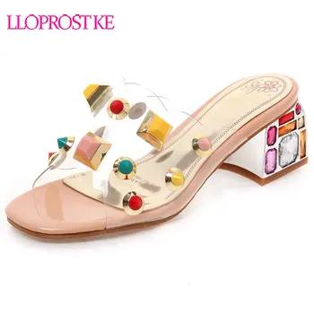 

Lloprost ke Women's Slippers Beach Thong Sandals Square Heel High Heels Summer Style Flip Flops Casual Shoes Woman Size 46 H416