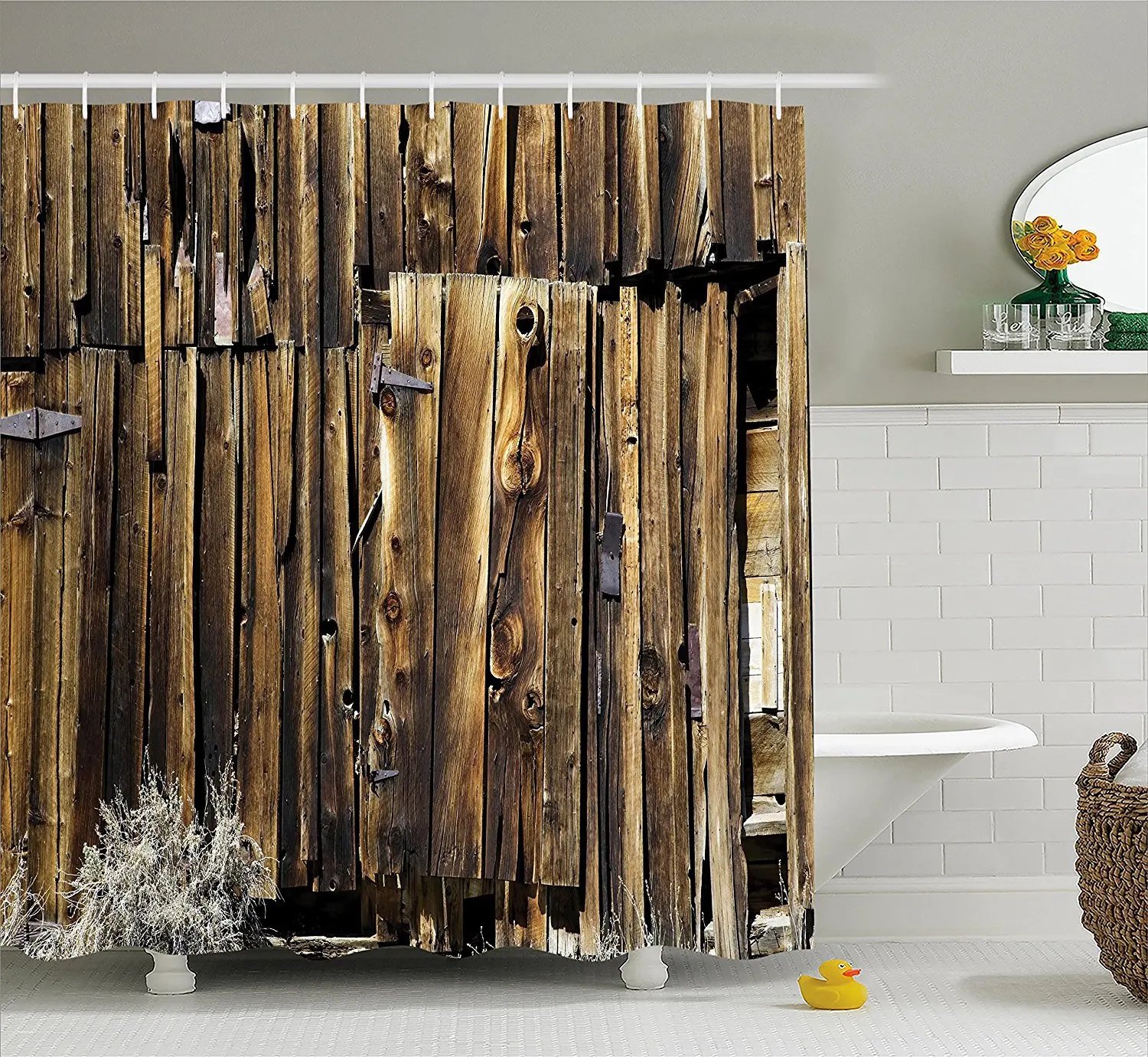 Rustic Shower Curtain Oak Barn Siding Door Cracked Rusted Hinges Dated