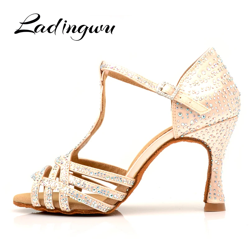 Ladingwu Dance Shoes Salsa Women Black Apricot Silk satin Latin Dance Shoes Shine Rhinestone Ballroom Shoes Dance Soft Bottom