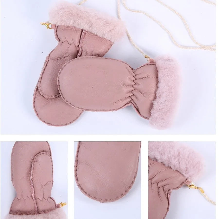 Winter 1-5 Years old Kids Warm Gloves Natural Sheep Fur for Boys Girls Children's Thick Mittens Outdoor Handmade and Lics