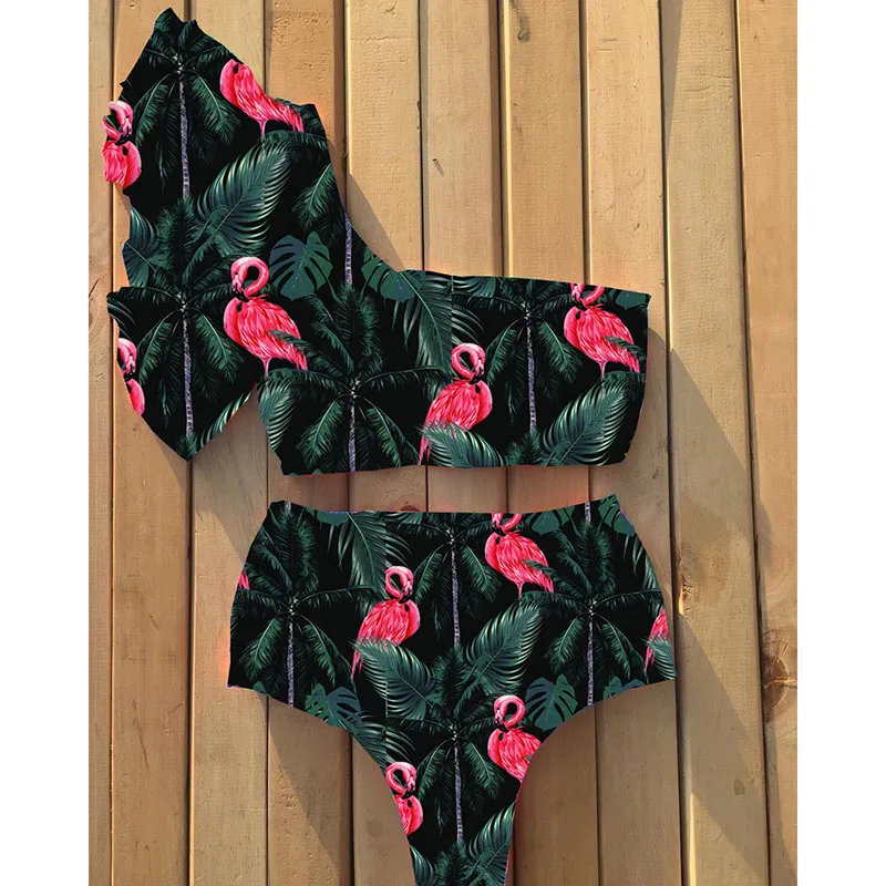 FREE SHIPPING New Sexy One Shoulder Bikinis Women Swimsuit Ruffle Swimwear High Waist Bathing Suits Beach Wear Biquini Female JKP2781