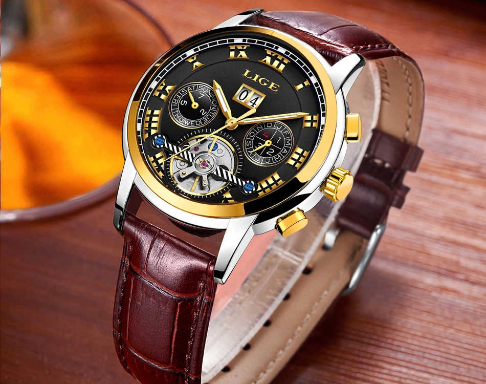 LIGE автоматические механические турбийон мужские часы модные роскошные брендовые кожаные часы с календарем стальные спортивные часы Relogio Masculino+ коробка