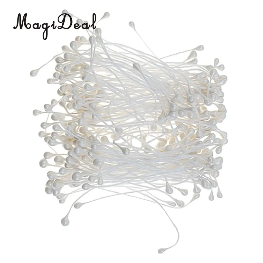MagiDeal 150 Pieces Pearl Double Tip Floral Stamens Pearlized Double Head with Stem Gift wrapping Decoration - White