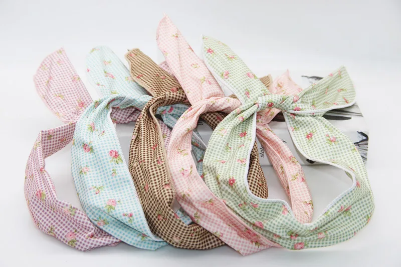 

1PCS Variety lattice print flower Bunny Rabbit Ear Ribbon Headwear Hairband Metal Wire Scarf Headband Hair Band Accessories
