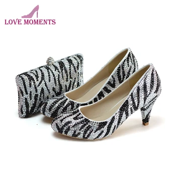 

Zebra Shoes with matching purse Luxurious Rhinestone Black and Silver Mixed Nightclub Party Heels Bridal Wedding Dress Shoes