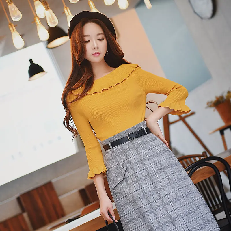 Dabuwawa Christmas Ruffles Knitted Sweater Autumn Winter Women Slim Butterfly Sleeve Yellow Sweater #D18CJS050 Dabuwawa Christmas Ruffles Knitted Sweater Autumn Winter Women Slim Butterfly Sleeve Yellow Sweater #D18CJS050