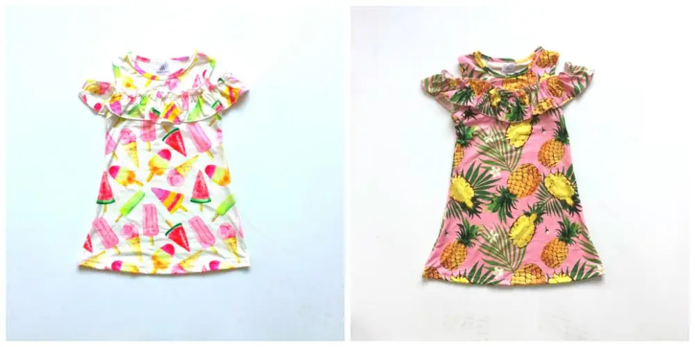 

Summer pineapple watermelon ice-cream short sleeve baby kids girls boutique knee length ruffles dress milk silk off shoulder