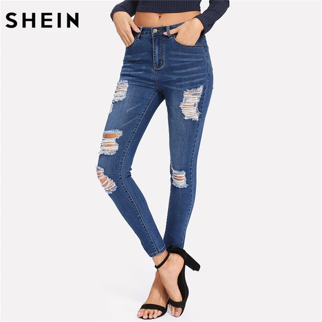 Buy SHEIN Bleach Wash Shredded Ripped Skinny Jeans