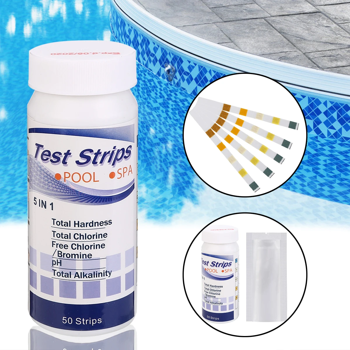 

50pcs 5 in 1 Acid Water Hardness Swimming Pool Water Test Strips Chlorine Bromine PH Alkalinity Testing Measuring Paper