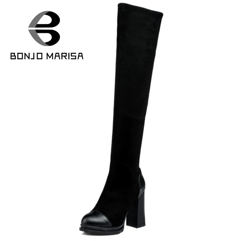 

BONJOMARISA 2016 Add Fur Patchwork Sexy Party Dancing Boot Woman Square High Heels Platform Winter Shoes Over The Knee Boots
