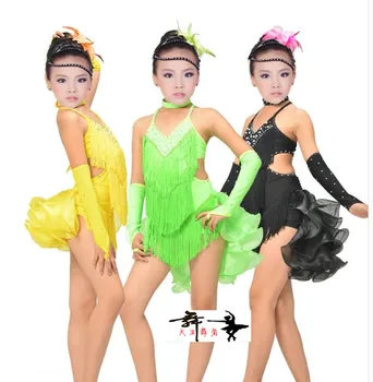 

New style child latin dance costumes senior spandex tassel girls latin dance dress for girls latin dance dresses S-4XL
