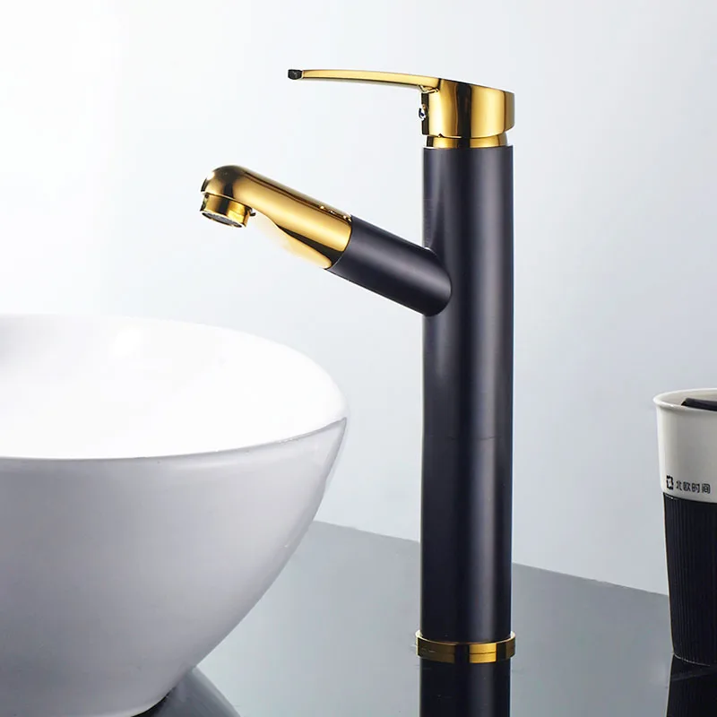 Tall Black Gold Color Brass Pull Out Bathroom Faucet Sink Basin Mixer