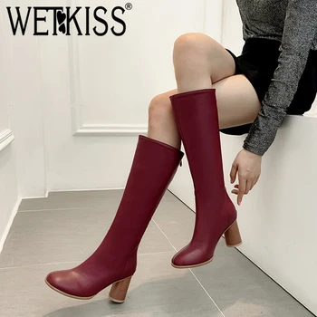 

WETKISS Winter Keep Warm Women Mid-Calf Boots Solid Zip Famale High Shoes Round Toe Thick Heel Shoes Non Slip Hot Thermal Boots