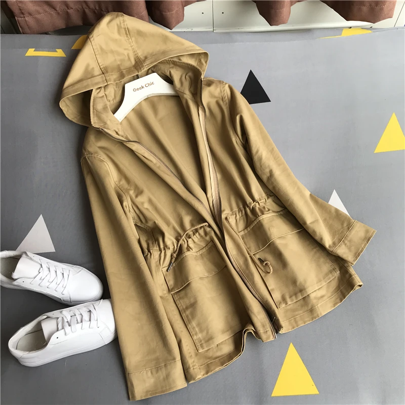 

2019 women jacket coat detachable hooded loose casual cotton tie waist solid color hoodie jacket coat female