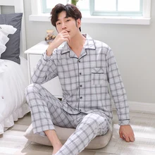 Весна-осень хлопок длинный рукав отложной воротник пижамы Мужская пижама набор L-XXXL Мужская пижама клетчатая