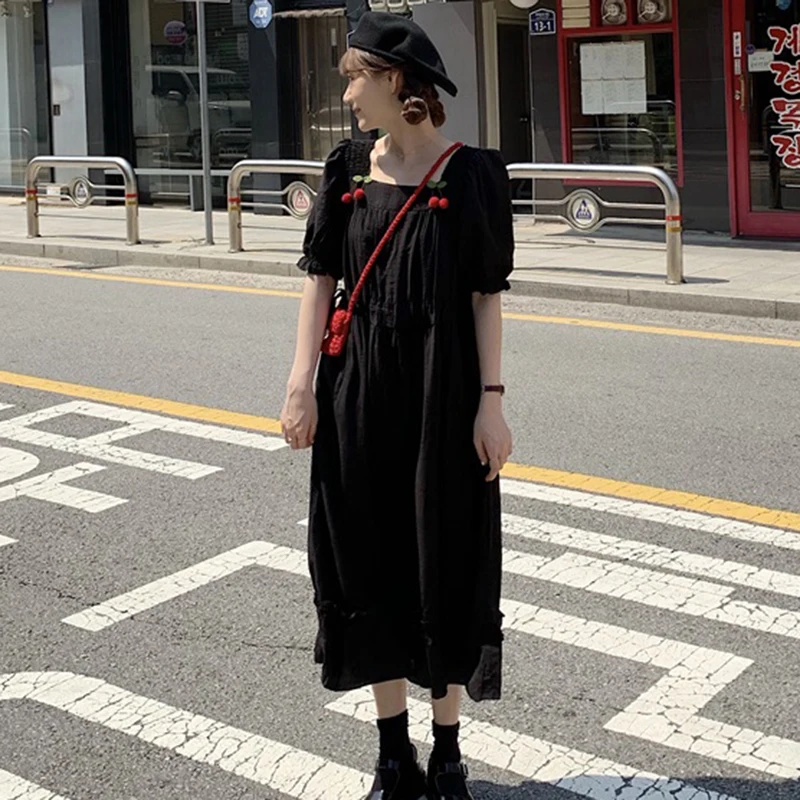 

Cute Girl Square Neck One Piece Dress Kawaii Cherry Puff Sleeve Ruffles Midi Dress Robe Femme Vestido Mujer Vestiti Donna
