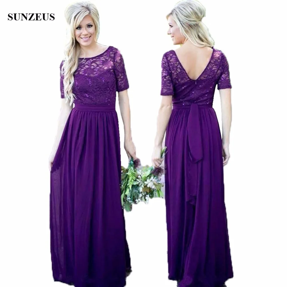 Sequins Lace Bridesmaid Dress Long Purple Chiffon Wedding Party Sequins Lace Bridesmaid Dress Long Purple Chiffon Wedding Party With Short Sleeves Robe Demoie D Honneur Bds002