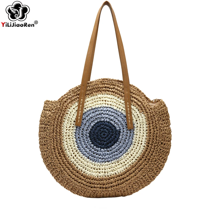 

Fashion Circle Summer Beach Bag Handmade Woven Round Straw Bag Large Capacity Tote Luxury Handbags Women Shoulder Bags Designer