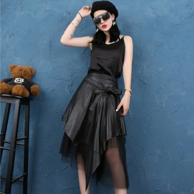 Winter Korean Lady Genuine Leather Skirts With Belt Woman Sheepskin Real Leather Patchwork Irregular Slim Pleated A-Line Skirts