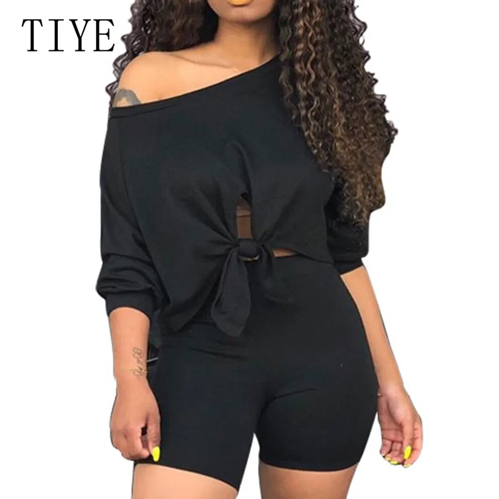 TIYE Two Pieces Sets Off Shoulder Short Sleeve Crop Top and Slim Pants Summer Hollow Out Casual Go Out Playsuits Plus Size XXL