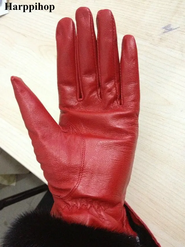 Женские перчатки из натуральной кожи, красные перчатки из овчины, осенние и зимние модные женские ветрозащитные перчатки