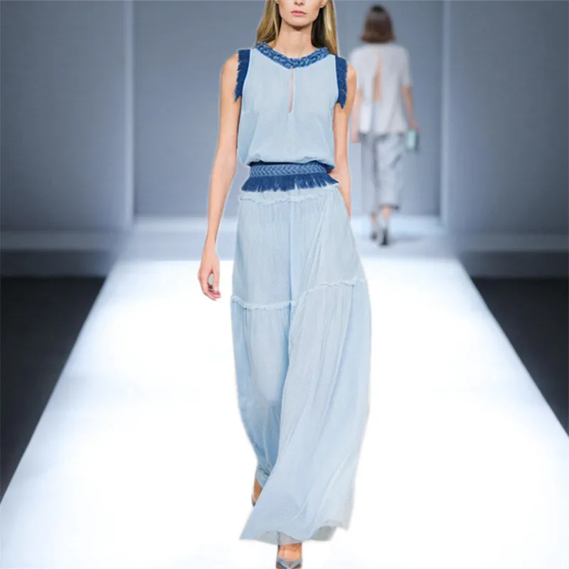 

Europe Fashion Two Piece Dresses Women Blue Chiffion Tassel Patchwork Sleeveless A-line Long Dress Elegant 2019 Summer Runway