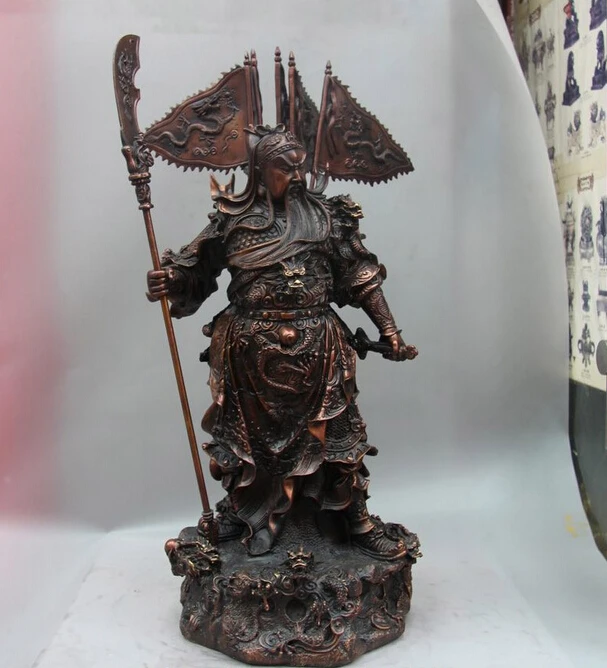 

Collectible bronze lion statue S0832 21 Chinese Bronze Copper Nine Dragon Guan Gong Yu God 5 Flag Hold Sword Statue (B0413)
