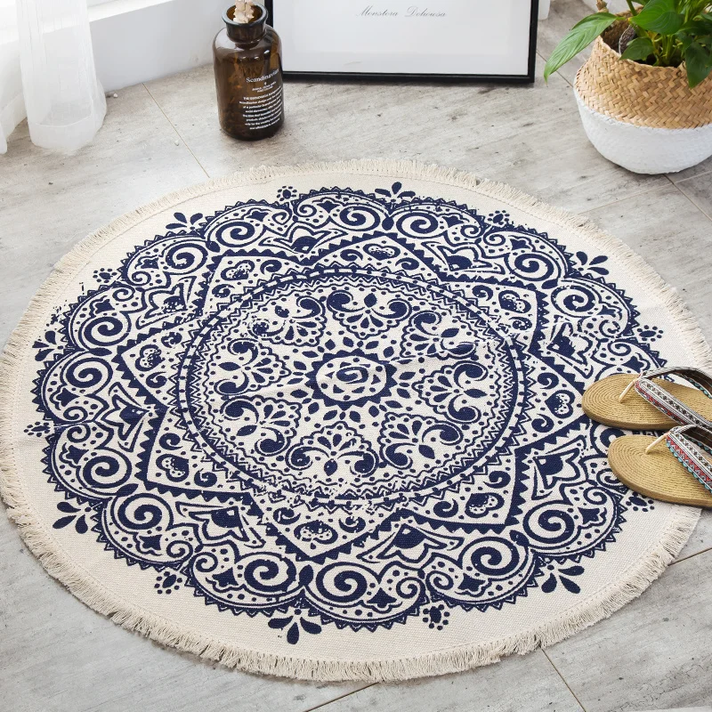 Mandala Retro Ethnic Cotton Linen Round Carpet for Living Room Modern Bedroom Anti Slip Round Rugs Floor Home Carpet Kitchen Mat