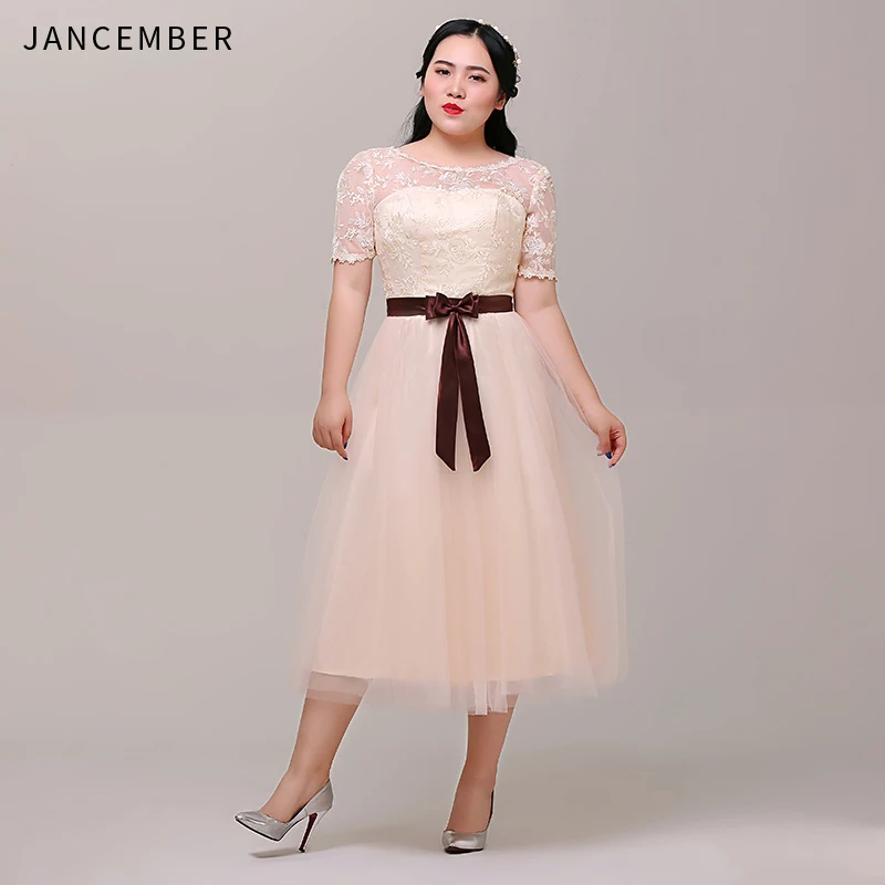 

JANCEMBER Plus Size Bridesmaid Dresses Illusion O-Neck Short Sleeve Backless Lace Up Back Bow Belt Applique wedding party dress