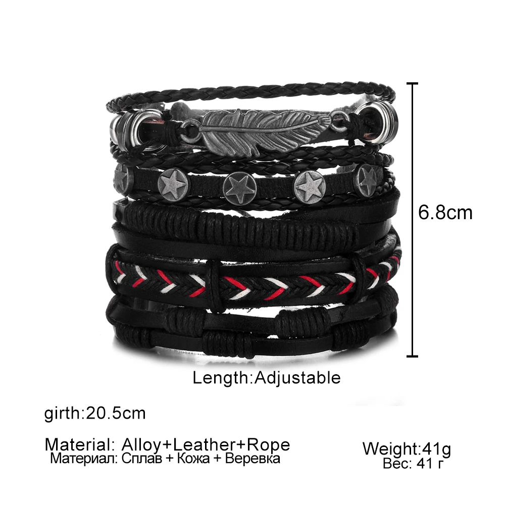 Vintage Leaf Feather Multilayer Leather Bracelet Men Fashion Braided Handmade Star Rope Wrap Bracelets& Bangles Male Gifts Jewe