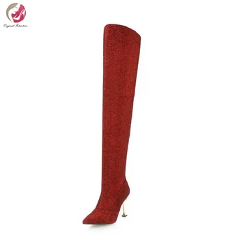 

Original Intention Fashion Woman Thin Heel Pointed Toe Over The Knee Thigh High Long Boots Black Red Gold Silver US Size 3-10.5