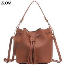 ZLON New Sale Women Genuine Leather Bag Drawstring Tassel Bucket Fashion Women Small Shoulder Bag Ladies