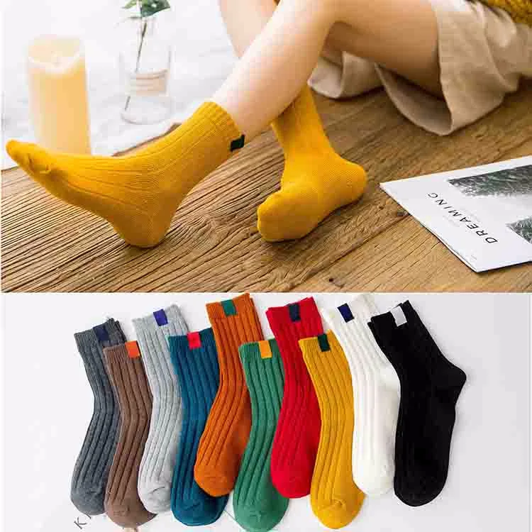 

Women's Long Socks Solid Color Fashion Retro With Cloth Paste Grain Middle Thick Tube Sport Ladies Style Socks 5pairs/lot
