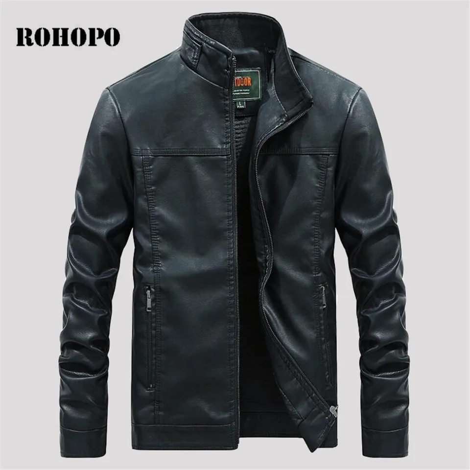 

ROHOPO stand collar whiter leather jacket men 2018 winter,motorcycle noble deportes cardigan jackets,fashion man leather coat