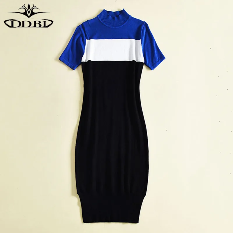 high quality summer dress knitted dress contrast color dresses 180504