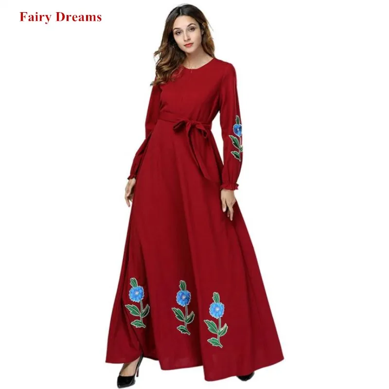 

Dubai Abayas For Women Muslim Islamic Clothes Maxi Bandage Dress Wine Red Embroidery Kaftan Turkish Bangladesh Plus Size Robe