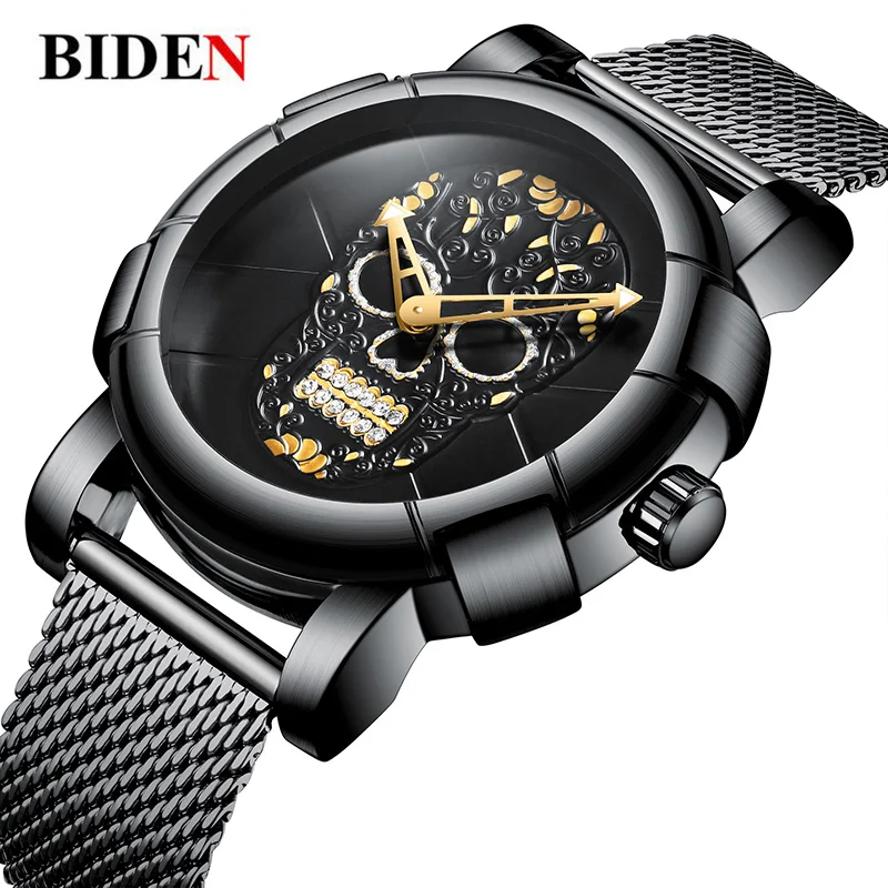 

BIDEN Unique Skull Dial Black Mens Luxury Watches Punk Style Fashion Quartz Wristwatches Stainless Steel Business Reloj Hombre