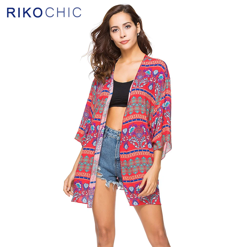 RIKOCHIC Boho Summer Sunscreen Women Tops Beach Gypsy Floral Printed Red Kimono Cardigan Chiffon Blouse C254 |
