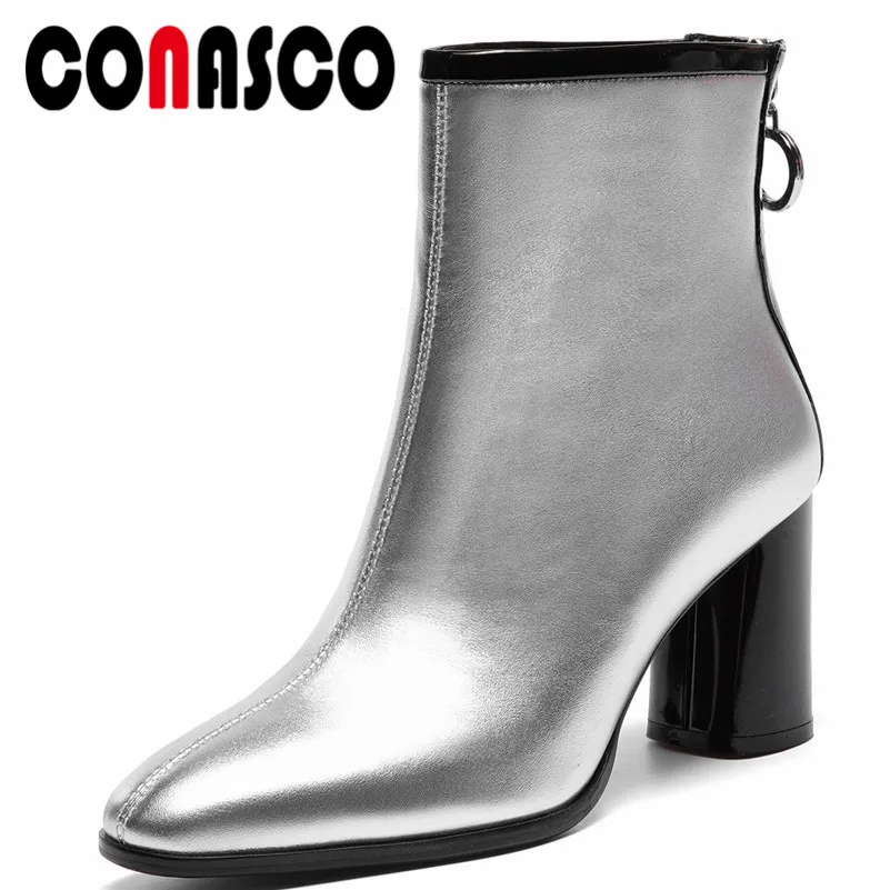 

CONASCO 2019 New Women Genuine Leather Ankle Boots High Heels Zipper Night Club Party Shoes Woman Sliver Sexy Short Martin Shoes