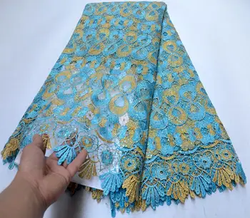 

New Arrival Water soluble lace fabric High Quality Blue Cord Guipure Lace Fabric For Party Dress sequins Lace Fabric