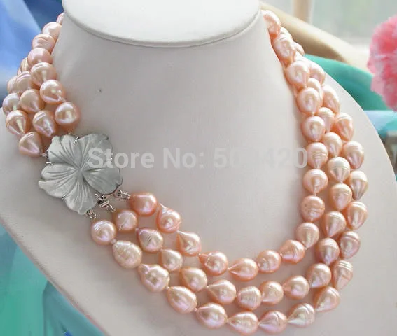 

Free Shipping 3row 10-13mm pink drip freshwater cultured pearl necklace