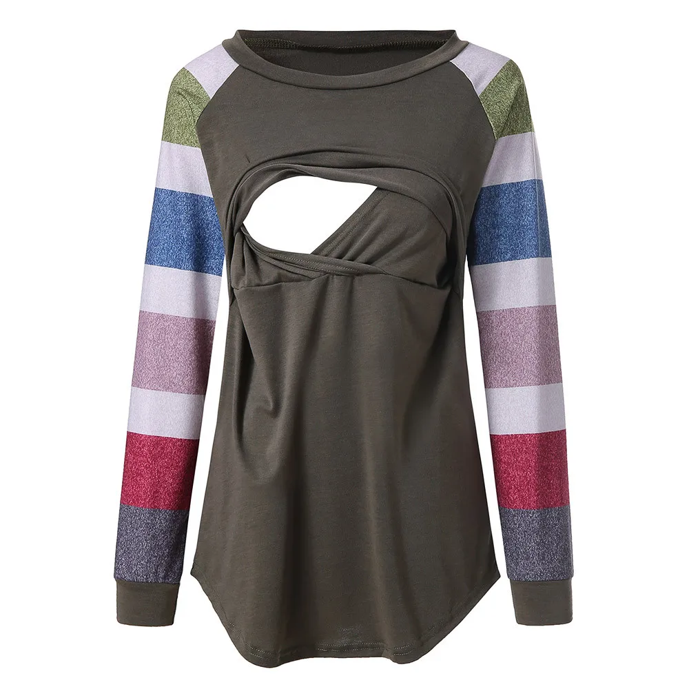 

Maternity Womens Nursing Stripe Long Sleeve Round Neck Breastfeeding Blouse maternity sweatshirt