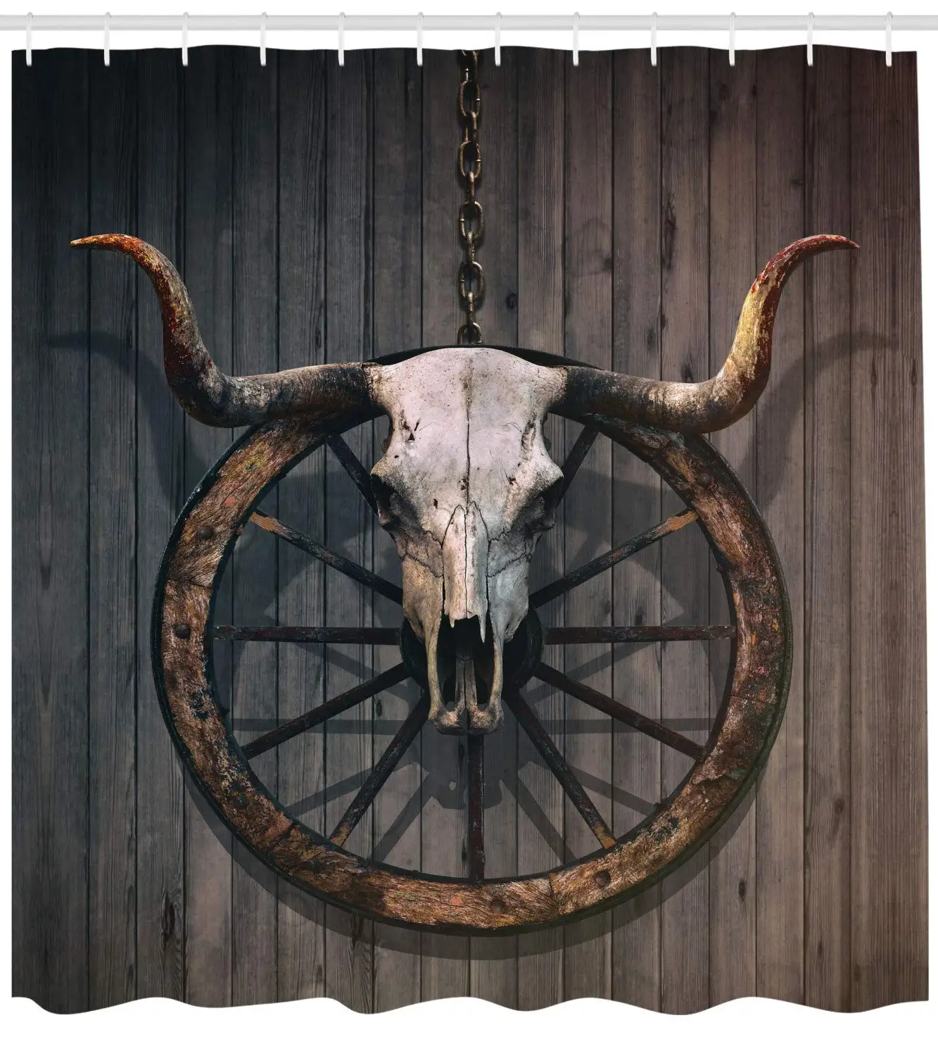 Barn Wood Wagon Wheel Shower Curtain Set Long Horned Bull Skull